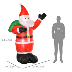 8ft inflatable Santa Claus with green gift bag, red hat, black boots; size diagram