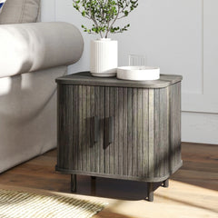 Grey bedside table with roller shutter sliding door and sturdy metal legs