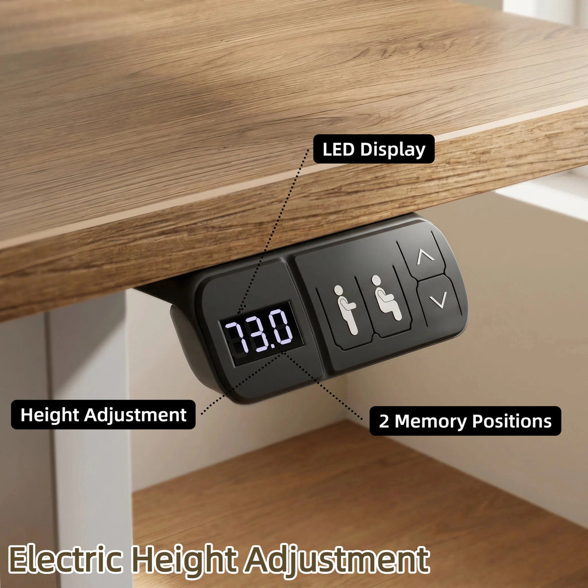 Desk control panel with LED display and buttons for height adjustment and memory positions