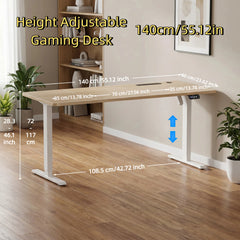 Height-adjustable gaming desk with white tabletop and white lift frame legs