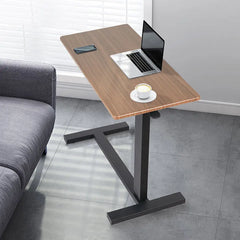 Adjustable rolling overbed table with wood-look top and black standing base