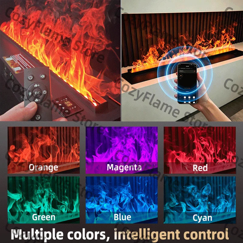 Electric fireplace with orange LED flames, remote and smartphone app control shown
