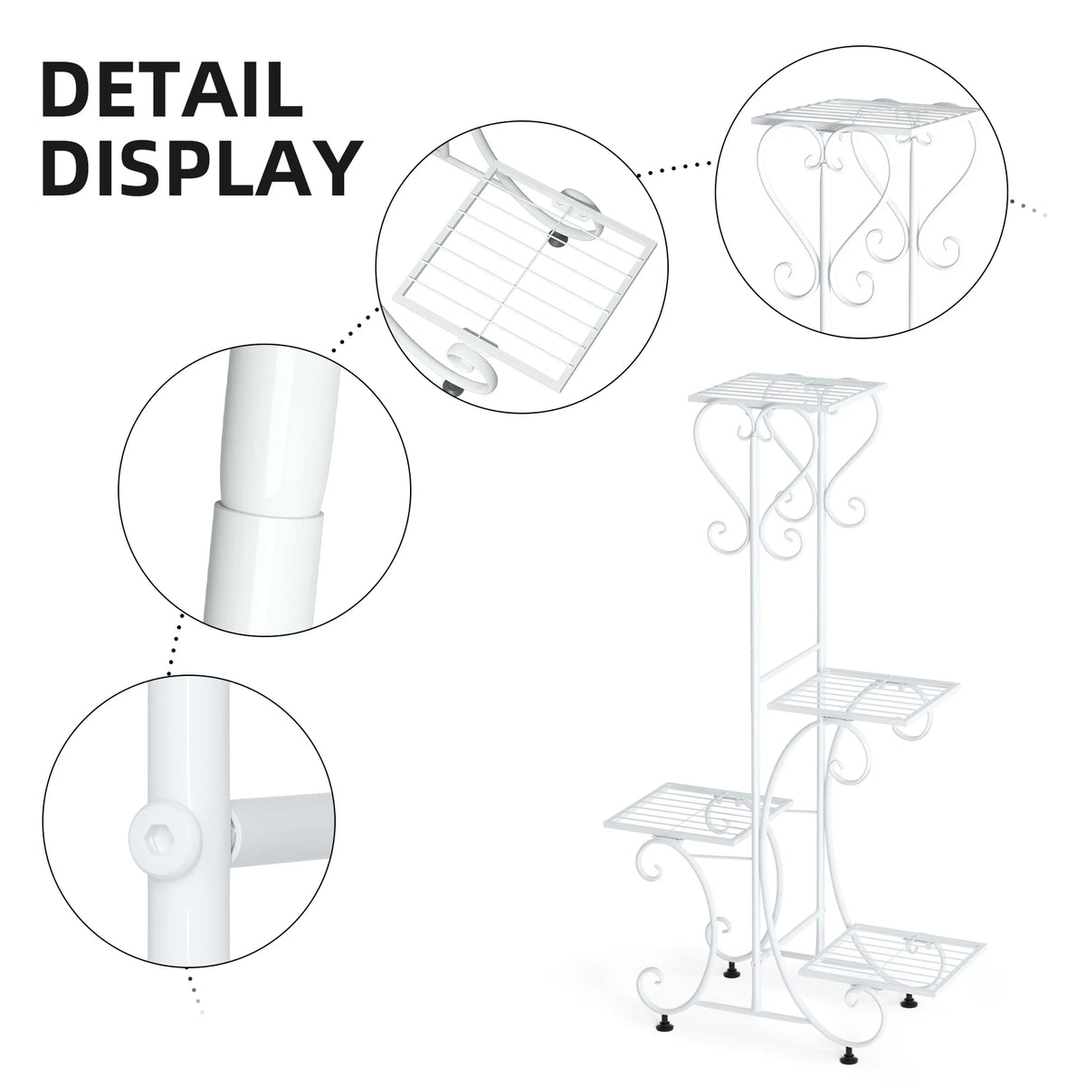 White four-tier plant stand with tiered wire shelves and curved metal supports