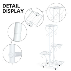 White four-tier plant stand with tiered wire shelves and curved metal supports