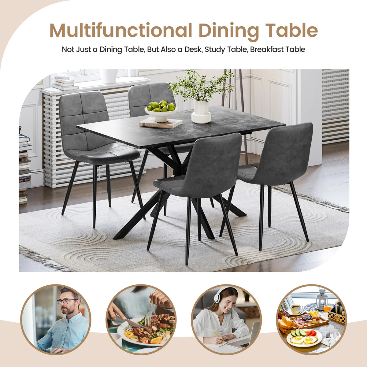 Rectangular extendable dining table with dark tabletop and black pedestal-style legs.