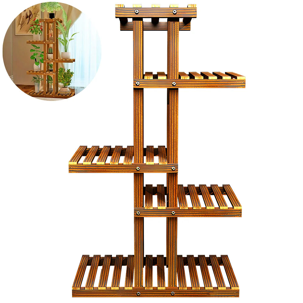 Five-tier wooden plant stand with slatted shelves and central support column