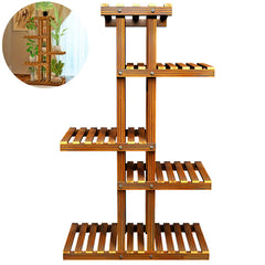 Five-tier wooden plant stand with slatted shelves and central support column