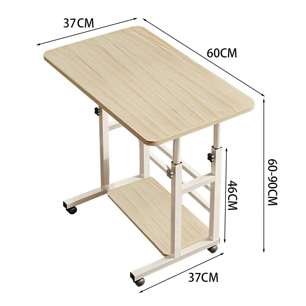Light wood lift-top bedside desk table with lower storage shelf and wheels