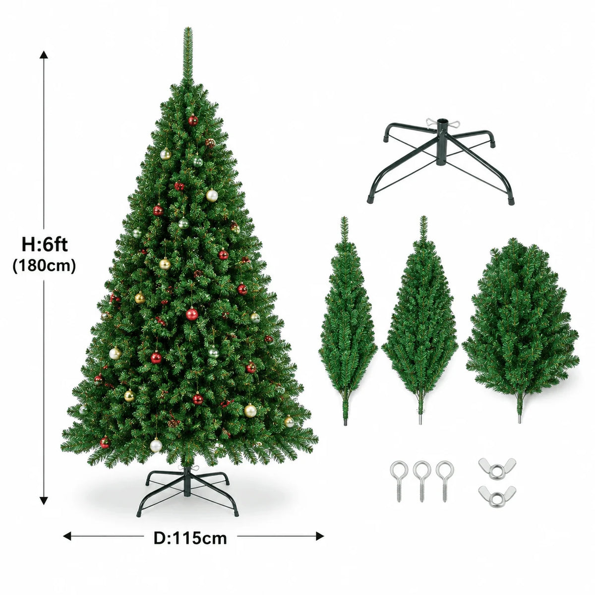 Artificial green Christmas tree with baubles and hinged sections, metal base included