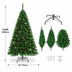 Artificial green Christmas tree with baubles and hinged sections, metal base included