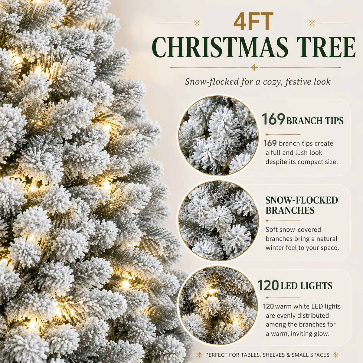 Snow-frosted Christmas tree with warm white LED lights, close-up branch tips graphic