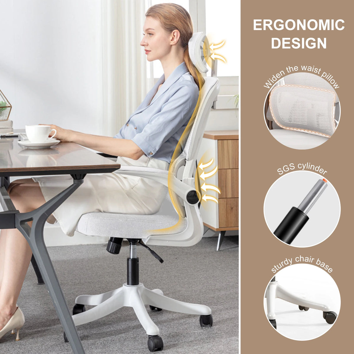 White ergonomic office chair with padded seat, adjustable lumbar support, swivel base