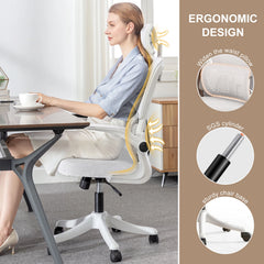 White ergonomic office chair with padded seat, adjustable lumbar support, swivel base