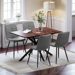 Rectangular extendable dining table with dark wood top and 4 upholstered black chairs