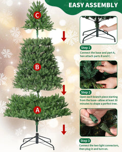 Green artificial Christmas tree with metal stand, pre-lit branches shown