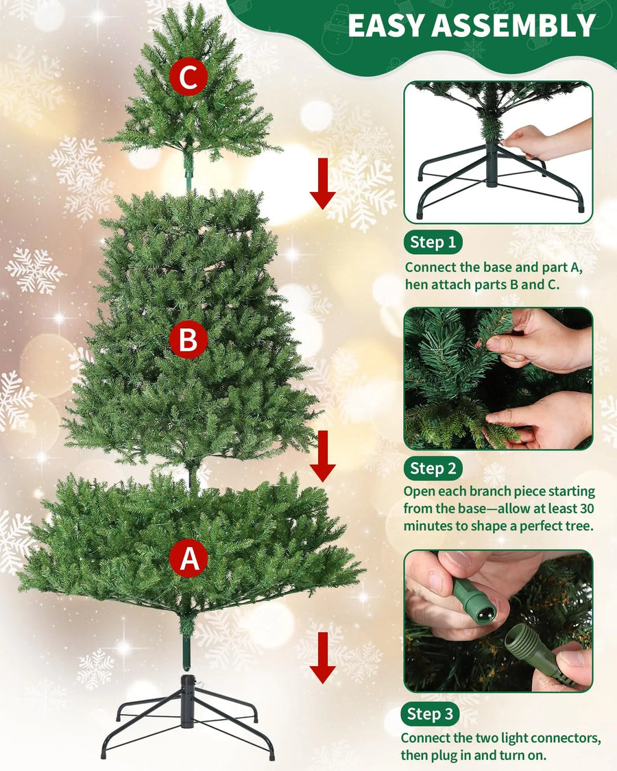 Green artificial Christmas tree with metal stand, pre-lit branches shown
