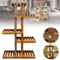 Five-tier wooden plant stand with slatted shelves and brass-colored hardware knobs