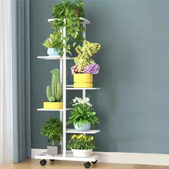 Black 6-tier plant shelf rack with slatted shelves and casters, holding colorful potted plants