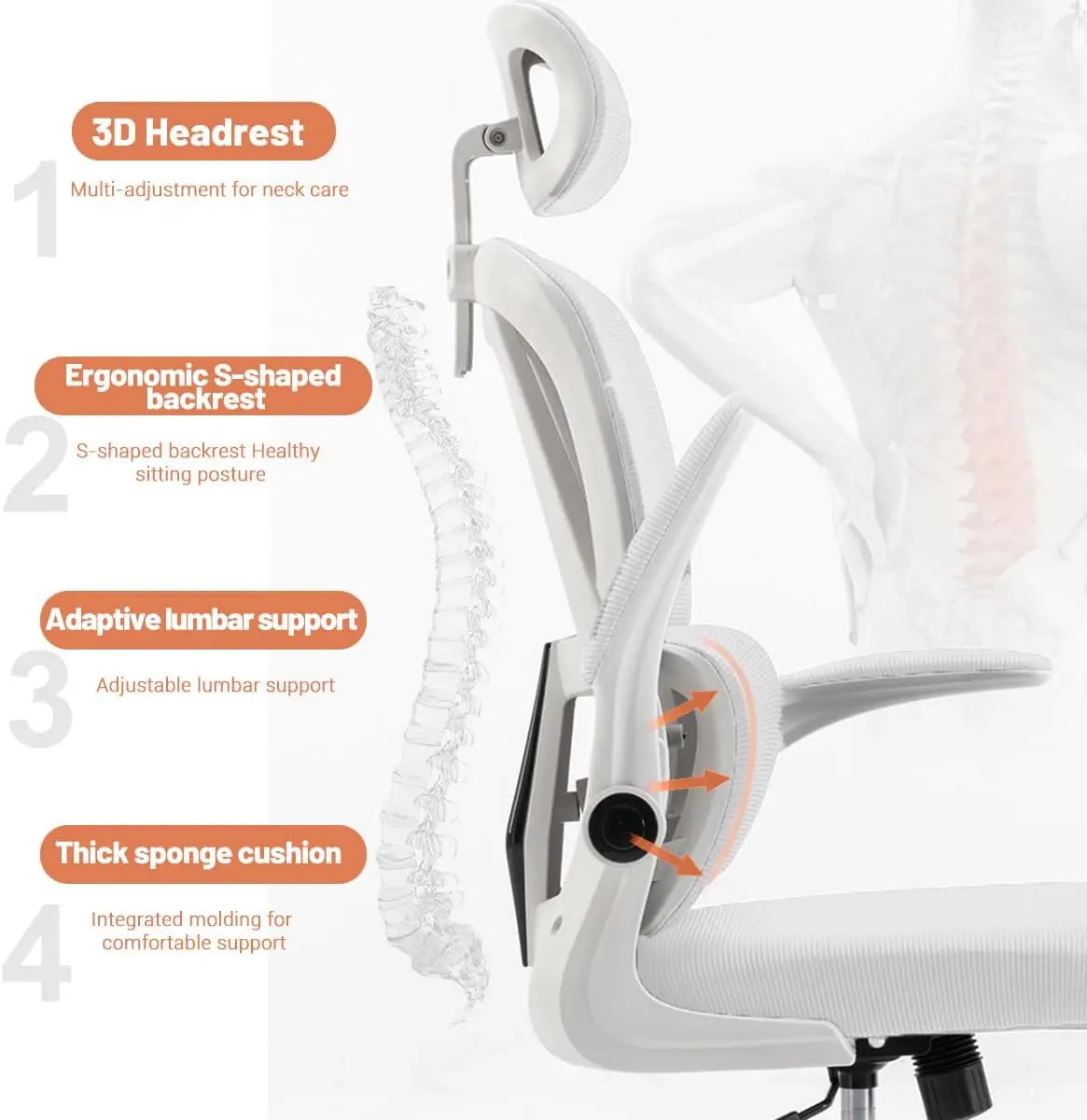 White high-back mesh chair with S-curve lumbar support and adjustable headrest