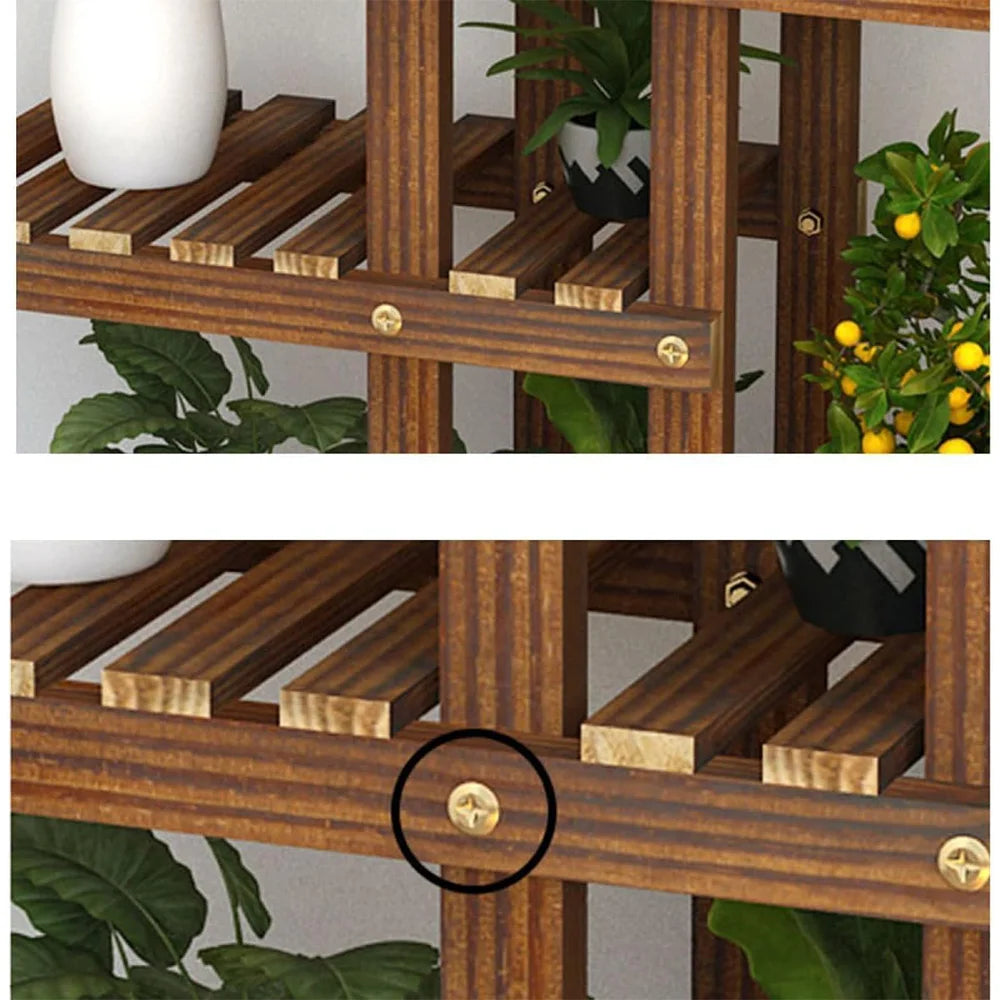 Wood plant stand shelf with gold screws and slatted wood rails