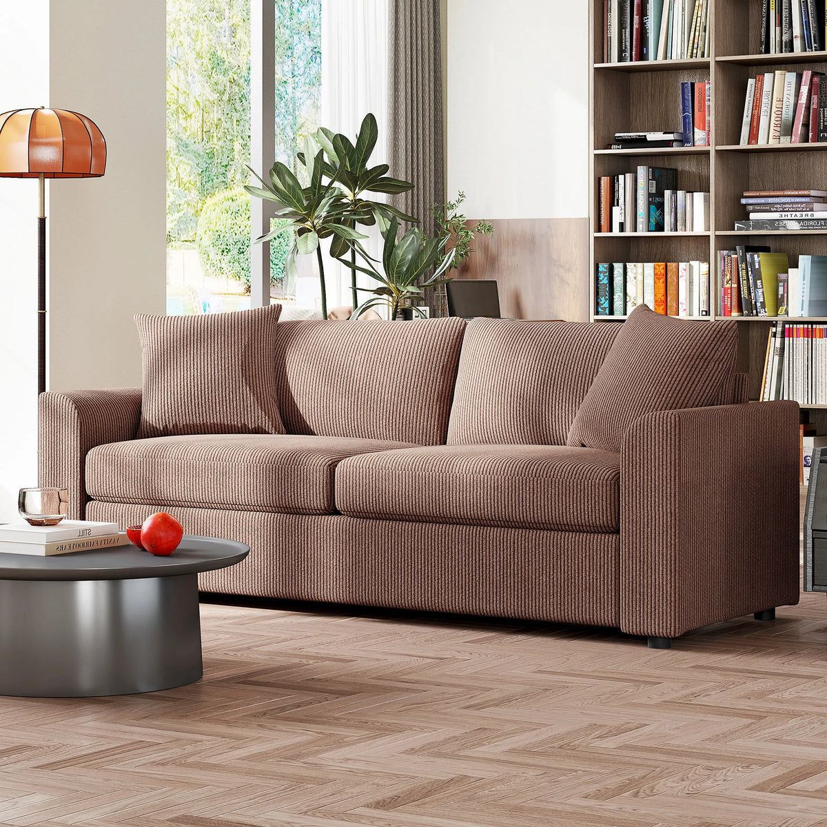 Cord upholstered 3-seat sofa with two seat cushions and back pillows, coffee-brown