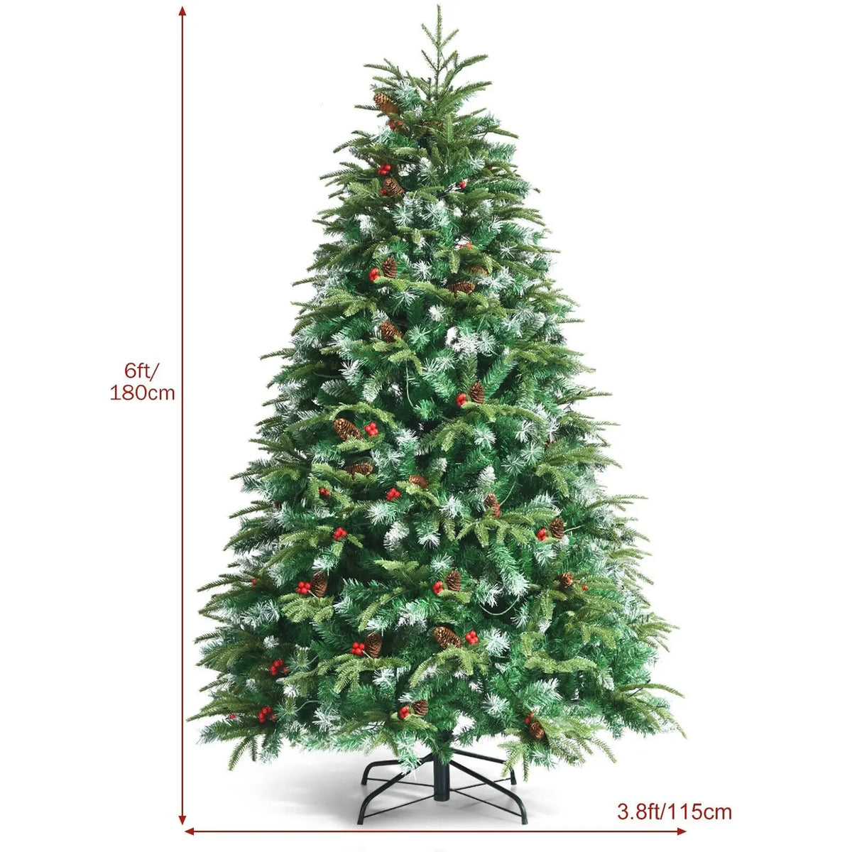 Snowy artificial Christmas tree with green branches and pre-lit multicolor LEDs on metal stand