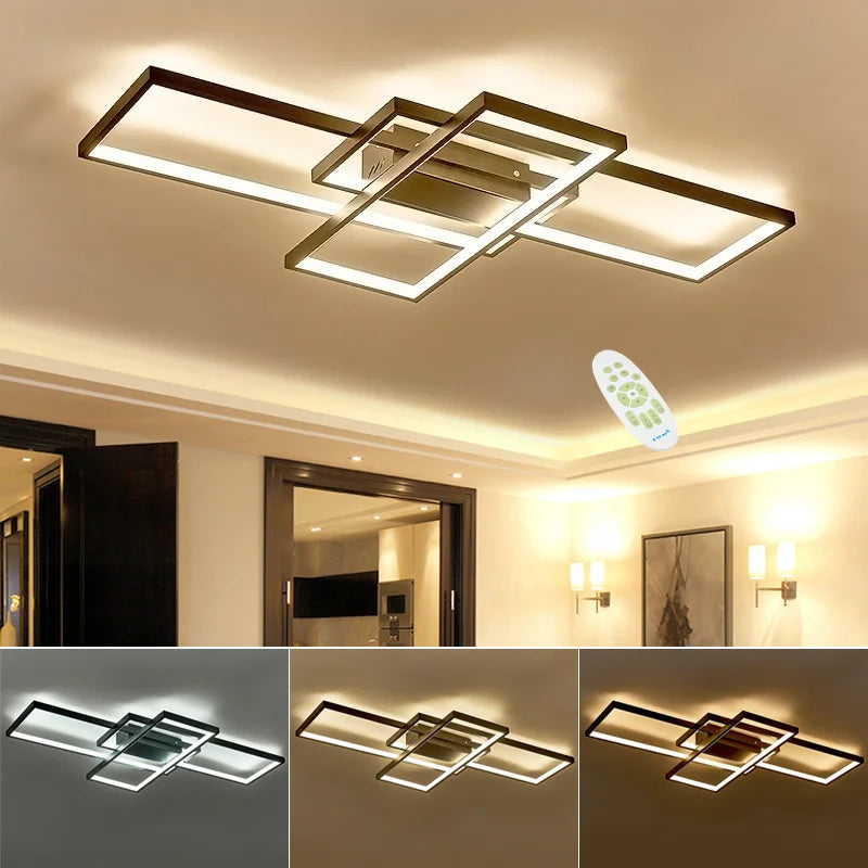 Modern rectangular LED ceiling light with dark metal frame, four lit rectangle panels