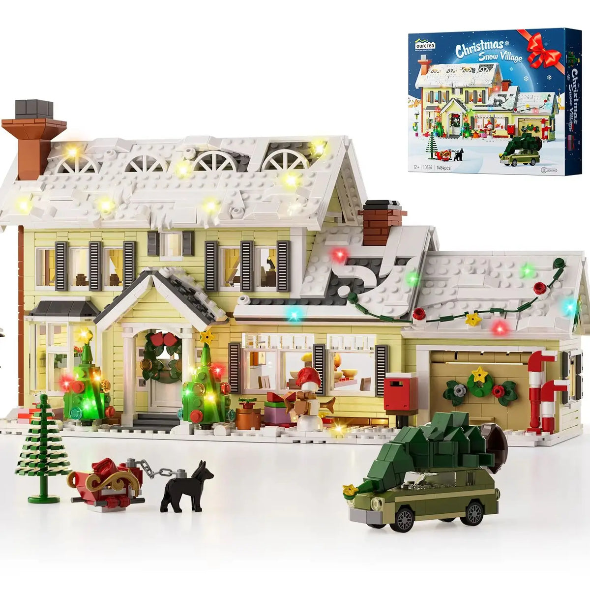 White Christmas house building blocks set with lit lights, tree, and green truck accessory
