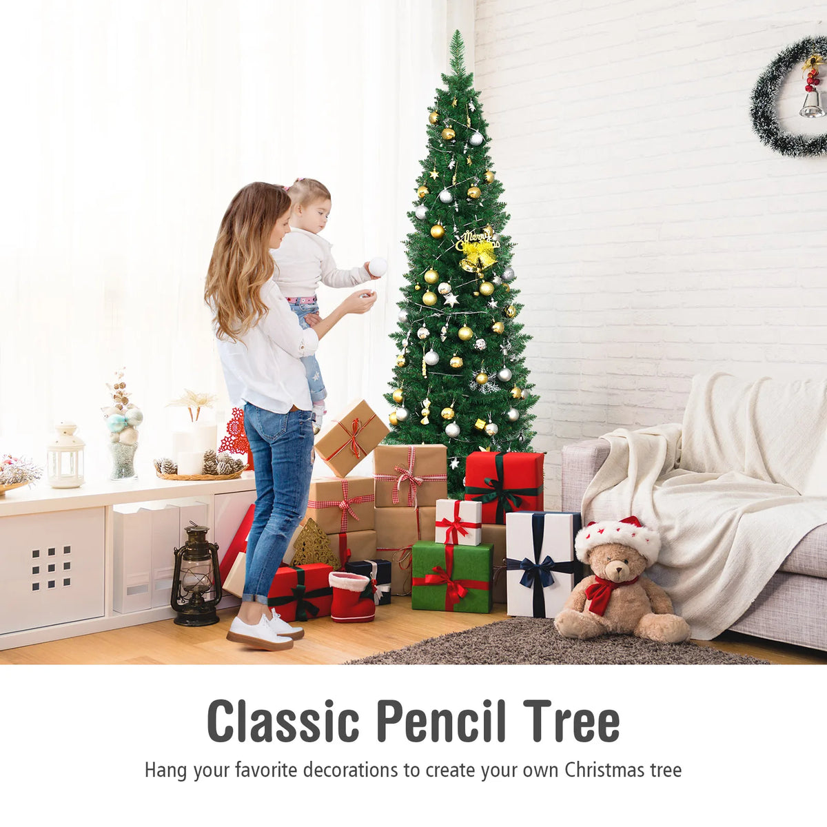 Slim pencil artificial Christmas tree in green with warm white lights and ornaments