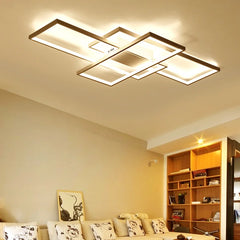 Modern rectangular LED ceiling chandelier with warm light, dark metal frame, four rectangle panels