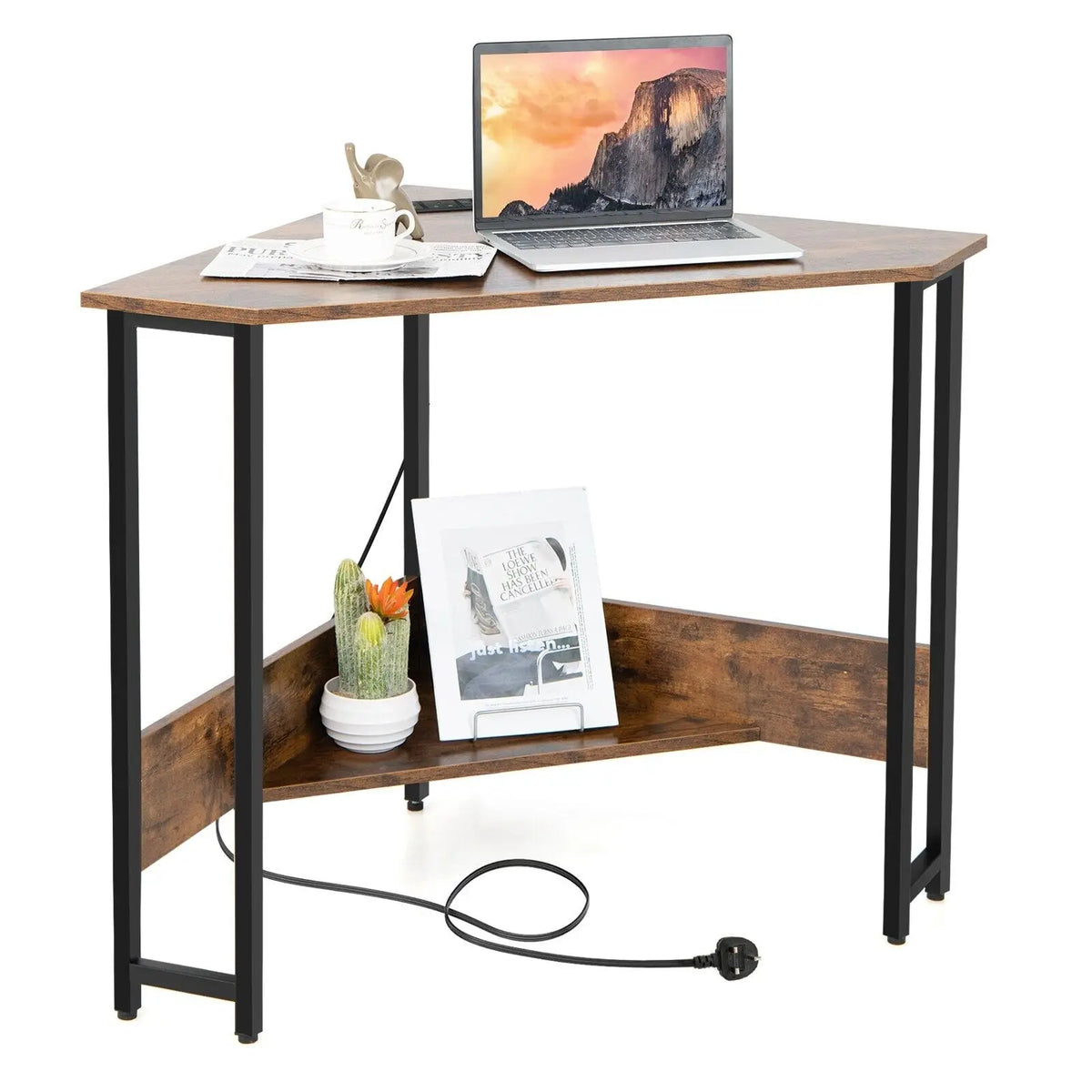 GOFLAME triangle corner desk with brown wood top, black steel legs, built-in power outlet