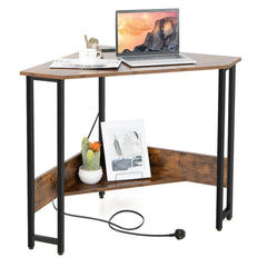 GOFLAME triangle corner desk with brown wood top, black steel legs, built-in power outlet