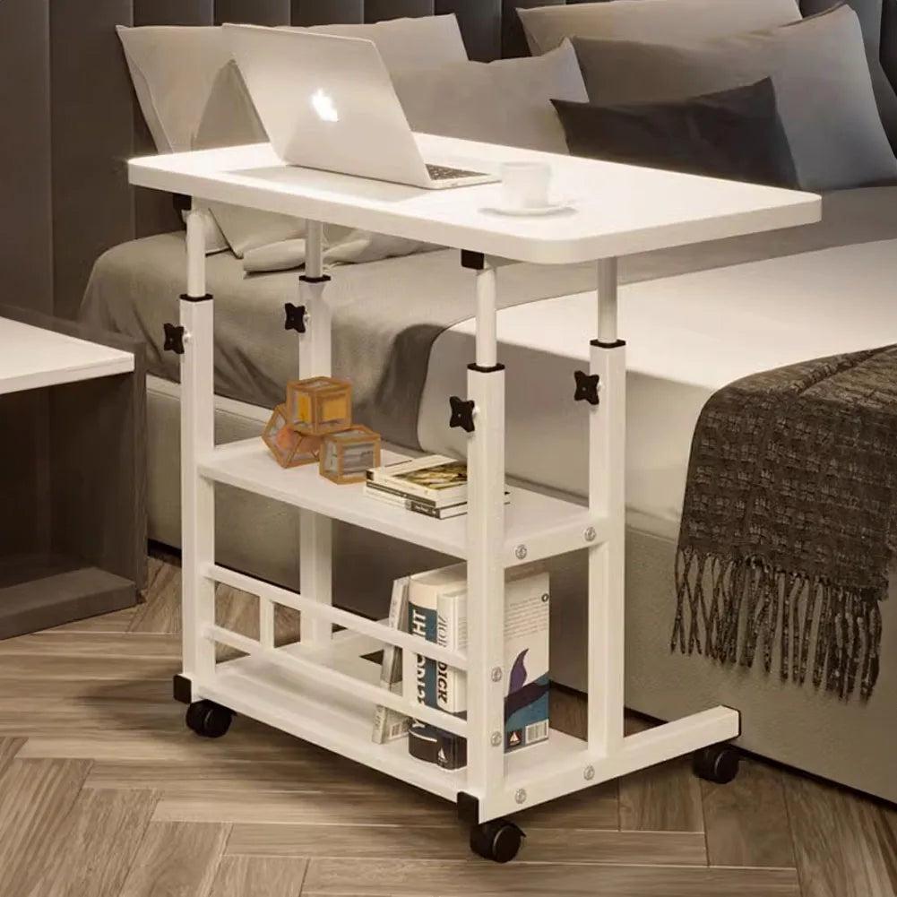 Mobile lift-top bedside desk table in white with two storage shelves