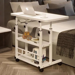 Mobile lift-top bedside desk table in white with two storage shelves