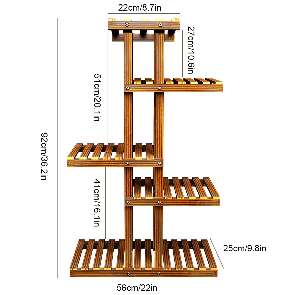 Five-tier wooden plant stand size diagram: height, width, and shelf measurements