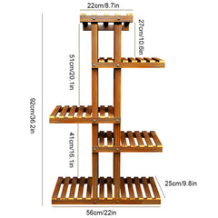 Five-tier wooden plant stand size diagram: height, width, and shelf measurements