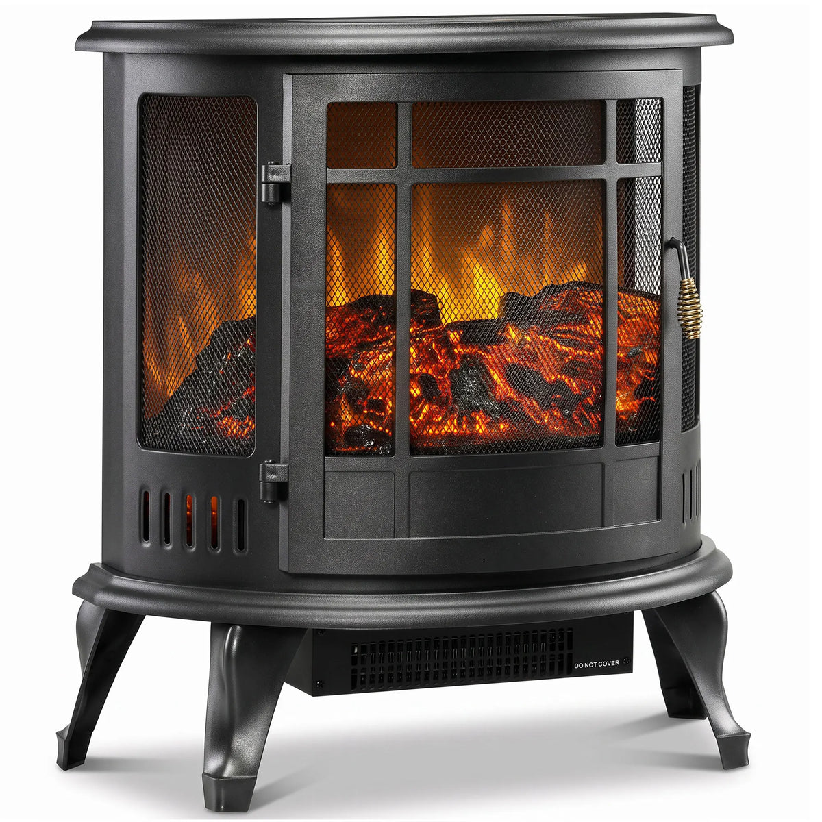 Black electric fireplace stove with hinged glass doors and realistic flame effect