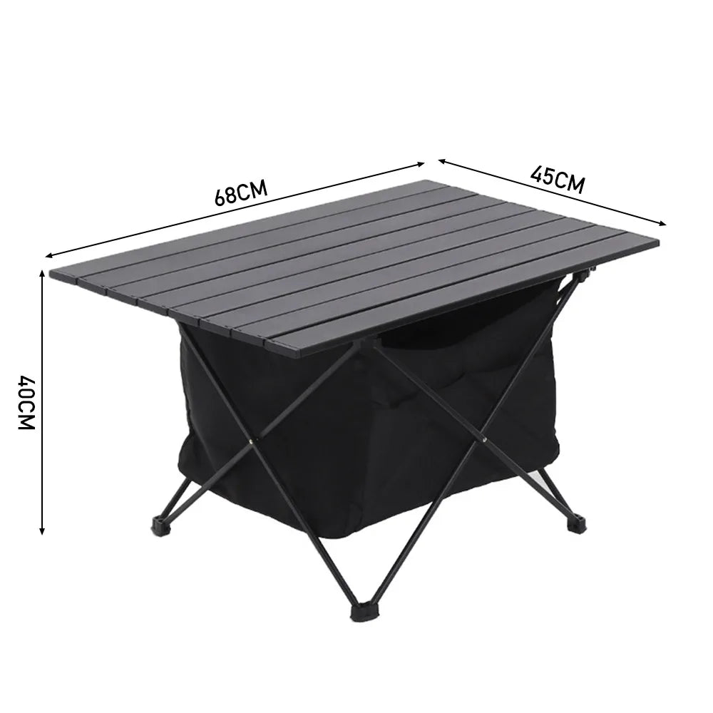 Black folding camping table dimensions 68CM x 45CM x 70CM, slatted top and storage