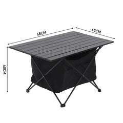 Black folding camping table dimensions 68CM x 45CM x 70CM, slatted top and storage