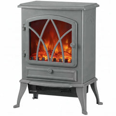 Grey electric fireplace heater front view with arched window, flame glow, and vent grille