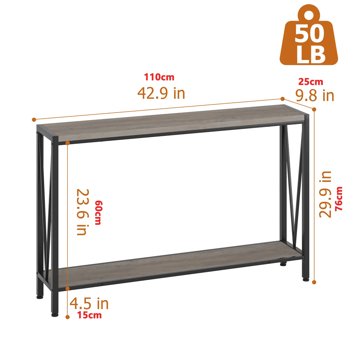 Two-tier console table in gray, 110 cm long, 76 cm high, with black V-frame legs.