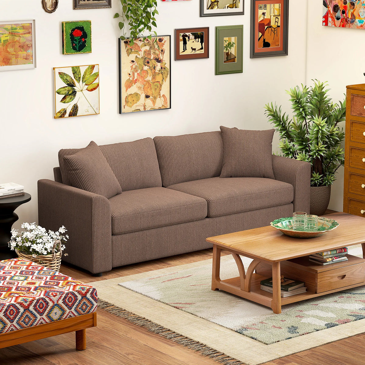 Cord upholstered 3-seat sofa with spring cushions, coffee-brown, wide arms