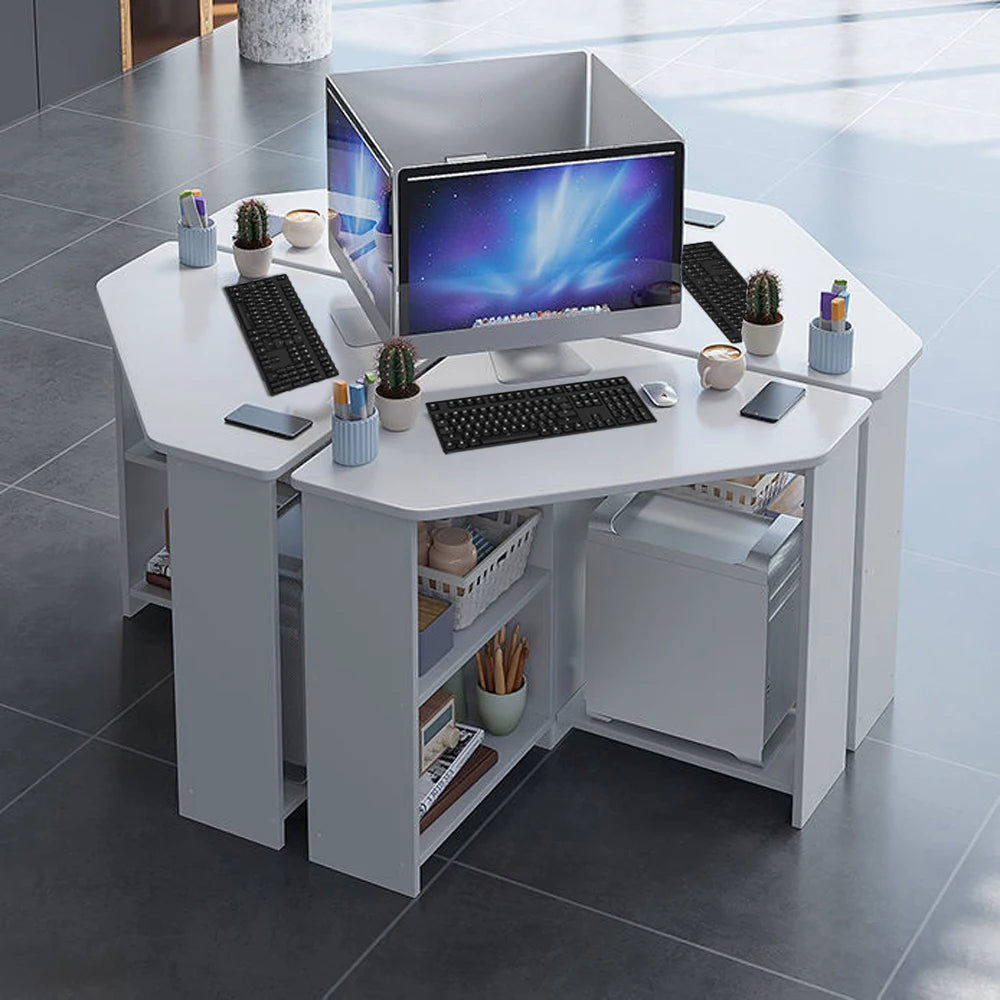 Ivory triangular office desk with monitor stand and open shelves for supplies