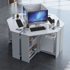 Ivory triangular office desk with monitor stand and open shelves for supplies