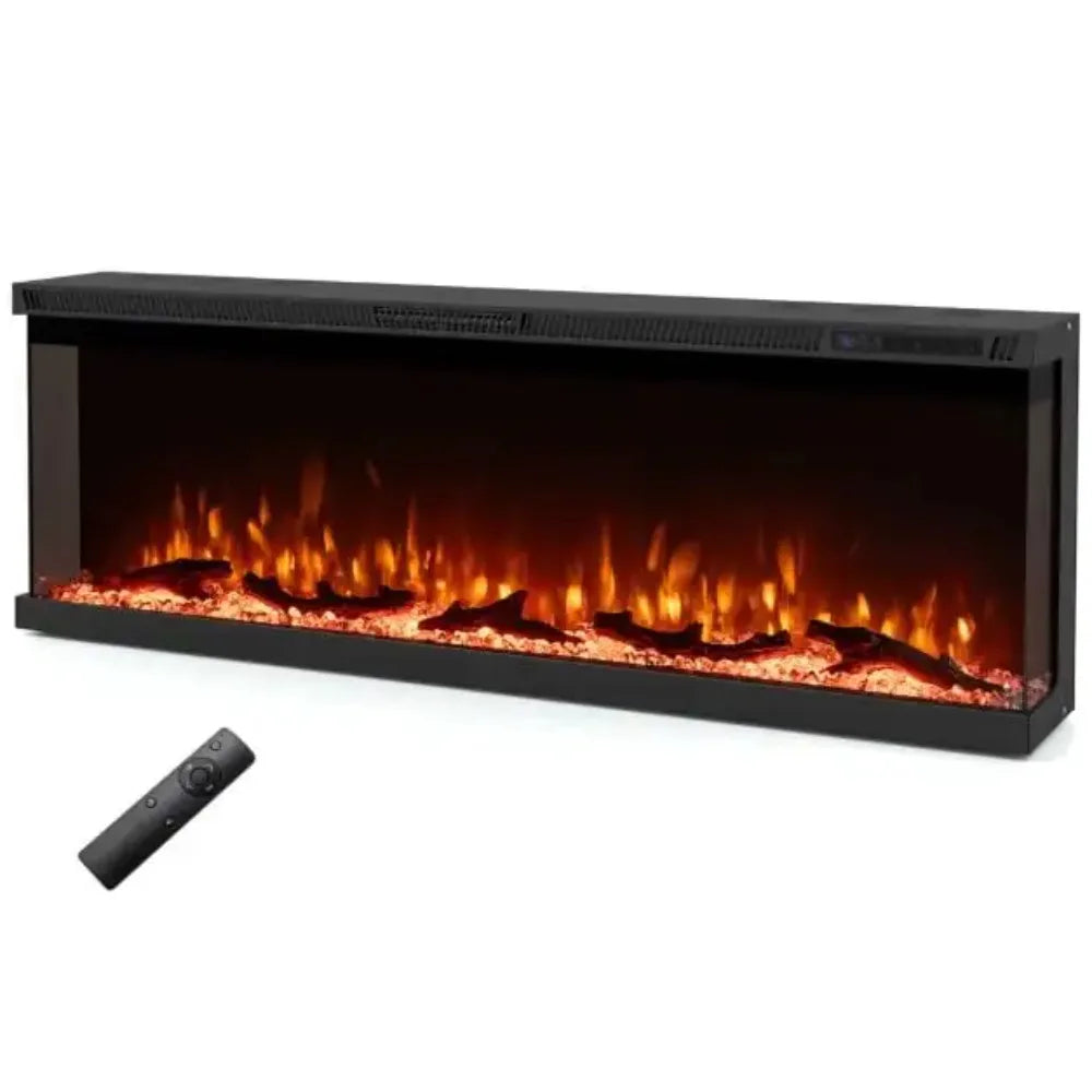 Black 3-sided electric fireplace insert with orange flame effect and remote control