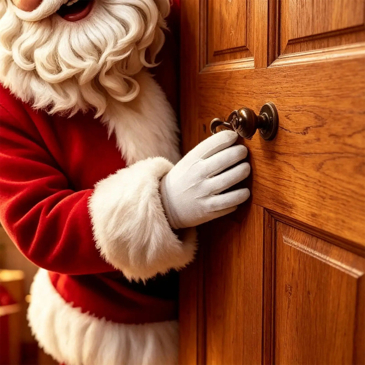 Santa Claus in red coat with white gloves holding a door handle on banner