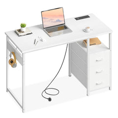 White office desk with side drawers, built-in power panel on desktop, and open storage