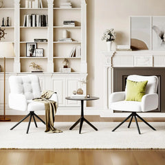 White boucle tub swivel accent chair with thick cushions and black metal legs
