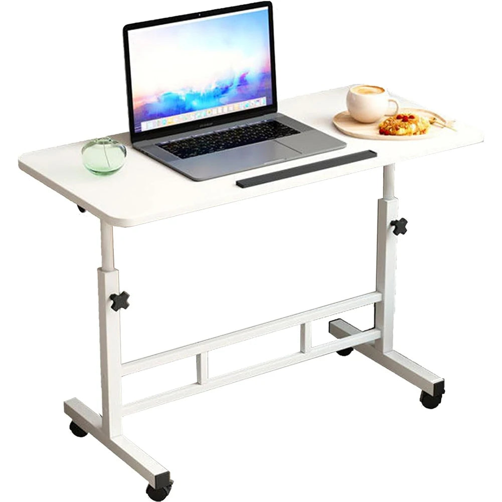 White portable rolling laptop table with adjustable height stand and caster wheels