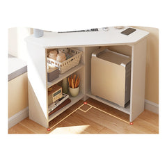 Ivory triangular corner desk showing open side cabinet and under-shelf storage